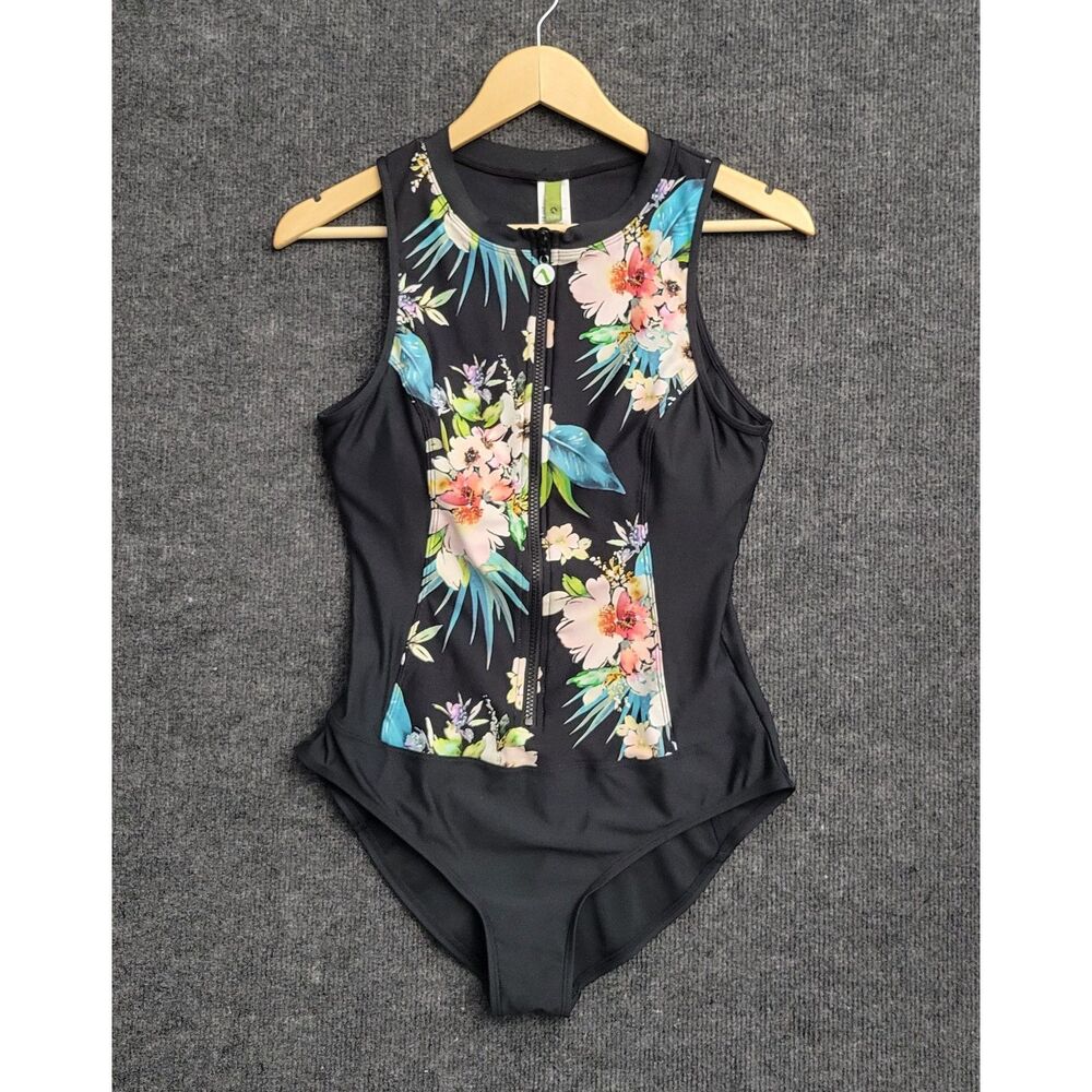Raj Manufacturing LLC Next Womens Black Zip Front One Piece Swimsuit Floral